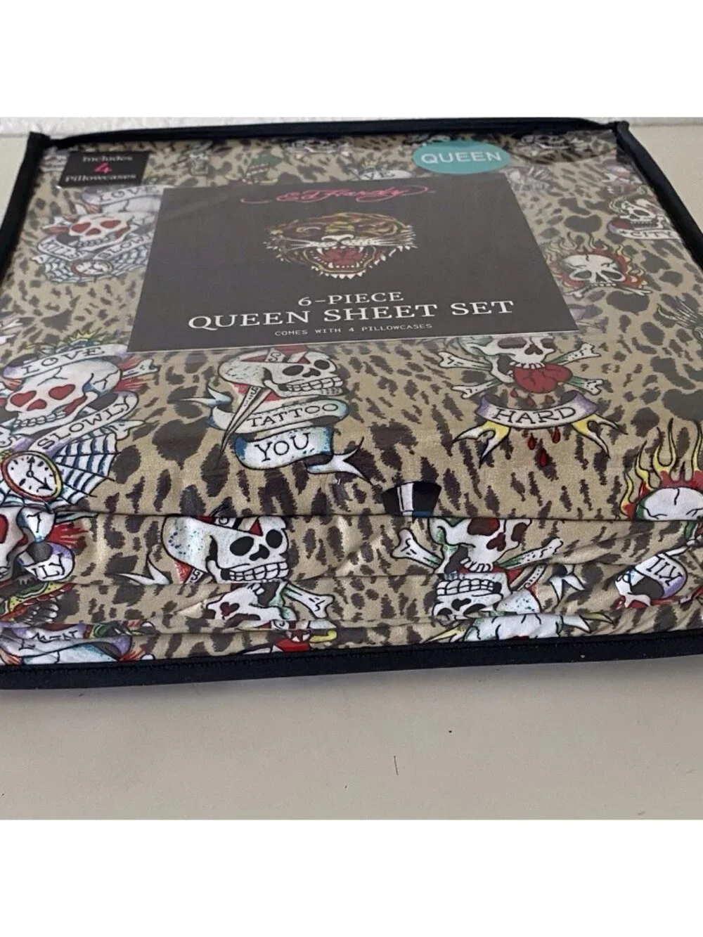 6 PC Ed Hardy QUEEN SIZE Sheet Set Skulls‎ Heart Leopard Animal Print NEW